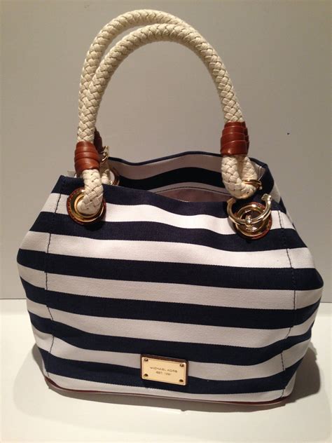 michael kors marina md grab bag navy white striped canvas|Michael Kors Large Marina MK Logo Striped Navy Blue White .